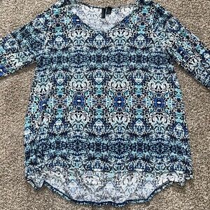 Cynthia Rowley Blue Printed Blouse Size 2X High-Low Hem 3/4 Sleeve